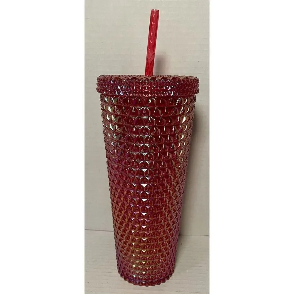 Holiday Time 26 Ounce Plastic Iridescent Double Wall Tumbler Pink Cup With Straw